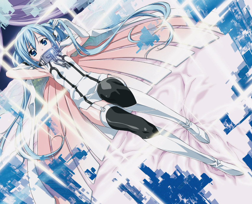 1girl bare_shoulders blue_eyes blue_hair boots breasts cape chain collar commentary_request full_body gloves highres ikaros long_hair multiple_girls nymph_(sora_no_otoshimono) small_breasts solo sora_no_otoshimono thigh_boots twintails watanabe_yoshihiro wings