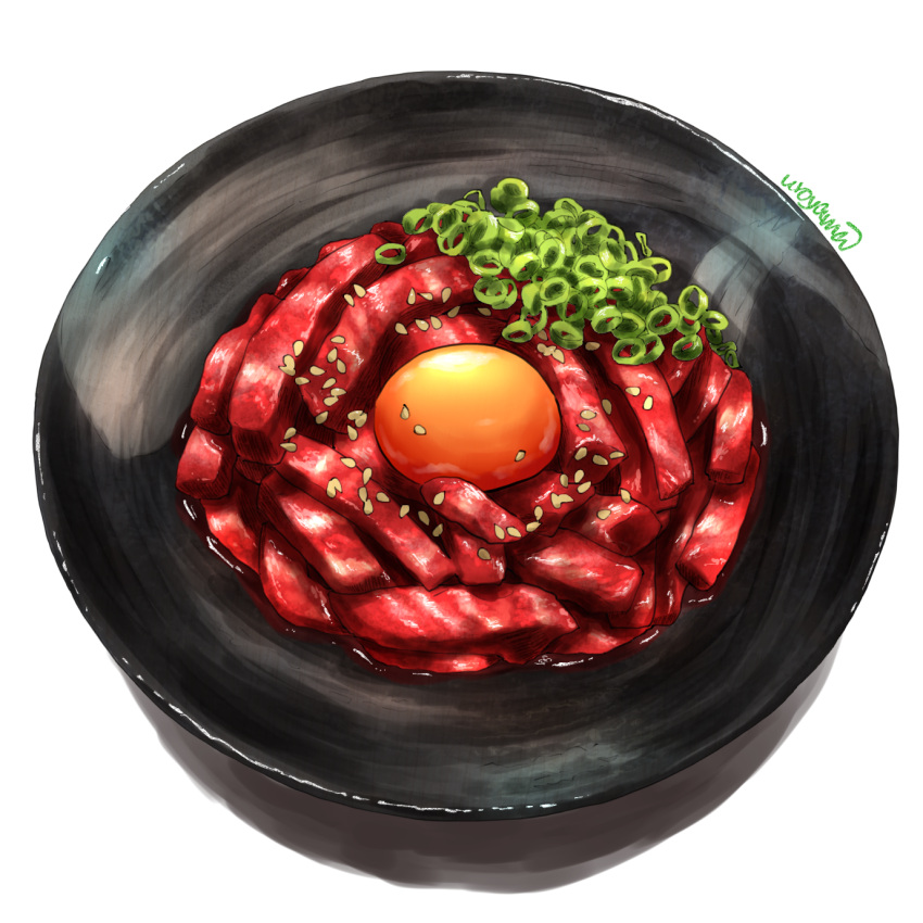 artist_name bowl egg_(food) egg_yolk food highres meat no_humans original sesame_seeds shadow simple_background spring_onion uroyama_(macrophage) white_background