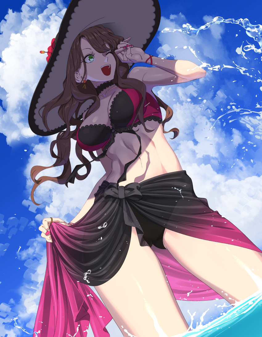 1girl absurdres bracelet breasts brown_hair cleavage cloud cloudy_sky commission commissioner_upload dorothea_arnault dorothea_arnault_(summer) earrings fire_emblem fire_emblem:_three_houses fire_emblem_heroes flower green_eyes hat hat_flower highres jewelry large_breasts long_hair midriff nail_polish official_alternate_costume open_mouth rasupekuto sarong skeb_commission sky solo swimsuit thighs water