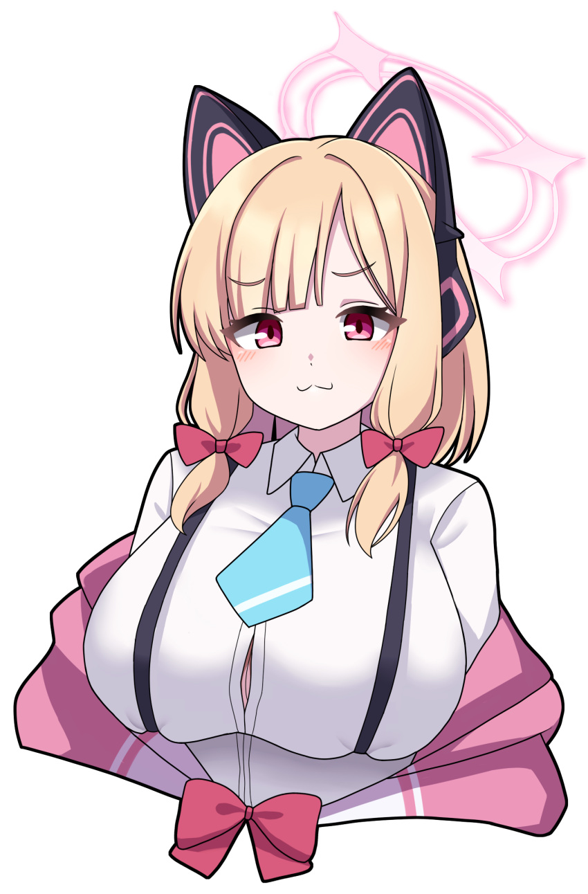 1girl alternate_breast_size animal_ear_headphones animal_ears blonde_hair blue_archive blue_necktie blush breasts closed_mouth collared_shirt fake_animal_ears halo headphones highres jacket large_breasts long_sleeves looking_at_viewer momoi_(blue_archive) necktie pink_halo red_eyes shirt short_hair simple_background smug solo two-sided_fabric two-sided_jacket upper_body vector_(dmlddmld00) white_background white_shirt