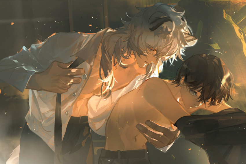 2boys akai_999 animal_ears arknights belt bishounen black_hair black_necktie black_pants blue_eyes chinese_commentary closed_mouth commentary_request doctor_(arknights) grey_eyes grey_hair hand_on_another's_chest highres hug hug_from_behind leopard_boy leopard_ears looking_at_another looking_back male_doctor_(arknights) male_focus medium_hair multiple_boys necktie open_clothes open_shirt pants parted_lips pectorals shirt short_hair silverash_(arknights) toned toned_male undressing upper_body white_shirt yaoi