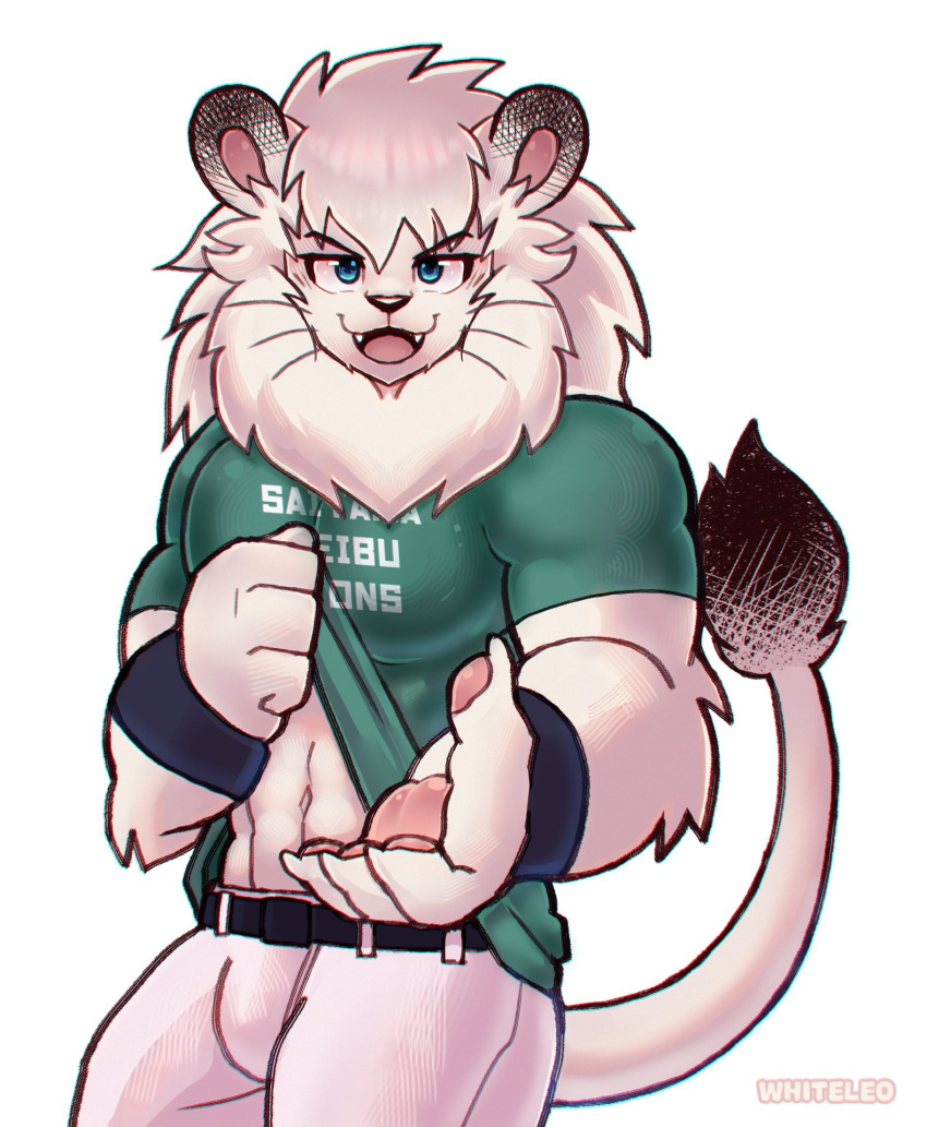 abs anthro biceps blue_eyes bottomwear clothed clothing clothing_lift fangs felid fur hair hi_res leo_(saitama_seibu_lions) lion male mammal mane mascot muscular muscular_anthro muscular_male navel nippon_professional_baseball open_mouth pantherine pants pecs saitama_seibu_lions shirt shirt_lift simple_background solo standing tail teeth topwear white_background white_body white_fur whiteleo