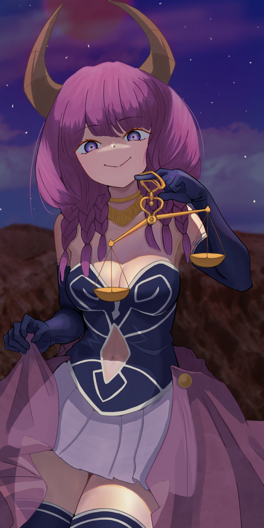 1girl :&gt; absurdres arm_behind_back aura_(sousou_no_frieren) balance_scale black_gloves blue_eyes braid breasts cleavage clothing_cutout commentary_request cowboy_shot demon_girl demon_horns elbow_gloves gloves hand_up highres holding_scale horns long_hair looking_at_viewer medium_breasts navel_cutout night night_sky open_mouth pleated_skirt purple_hair skirt sky smfp2517 smile solo sousou_no_frieren standing weighing_scale white_skirt