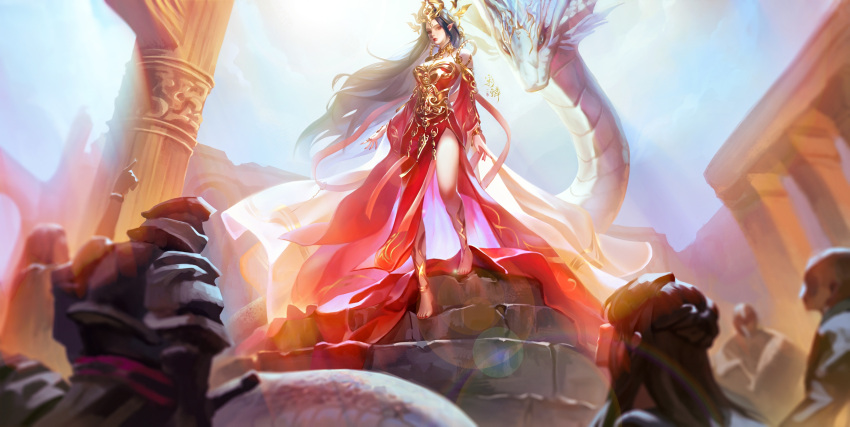 1girl 5boys absurdres anklet artist_request barefoot black_hair blue_sky cai_lin_(doupo_cangqiong) doupo_cangqiong dress floating_hair full_body highres jewelry light long_hair looking_at_viewer multiple_boys pillar pointing pointing_up pointy_ears red_dress red_eyes red_nails second-party_source sky snake solo white_snake
