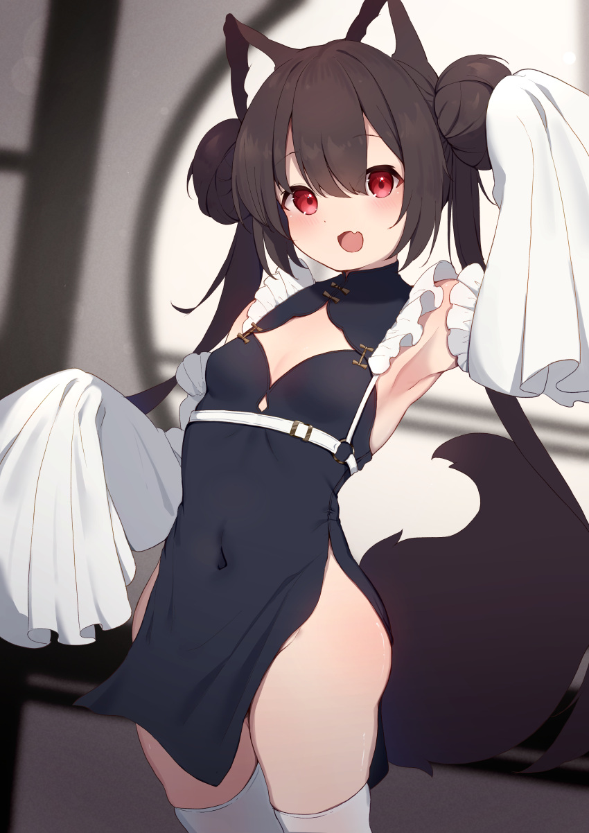 1girl :d absurdres animal_ear_fluff animal_ears arm_up armpits black_dress blurry blurry_background breasts brown_hair china_dress chinese_clothes cleavage cleavage_cutout clothing_cutout commentary_request covered_navel depth_of_field detached_sleeves double_bun dress fox_ears fox_girl fox_tail groin hair_bun highres hinata_(user_rjkt4745) indoors long_hair looking_at_viewer original round_window sleeves_past_fingers sleeves_past_wrists small_breasts smile solo standing tail thighhighs twintails very_long_hair white_sleeves white_thighhighs window