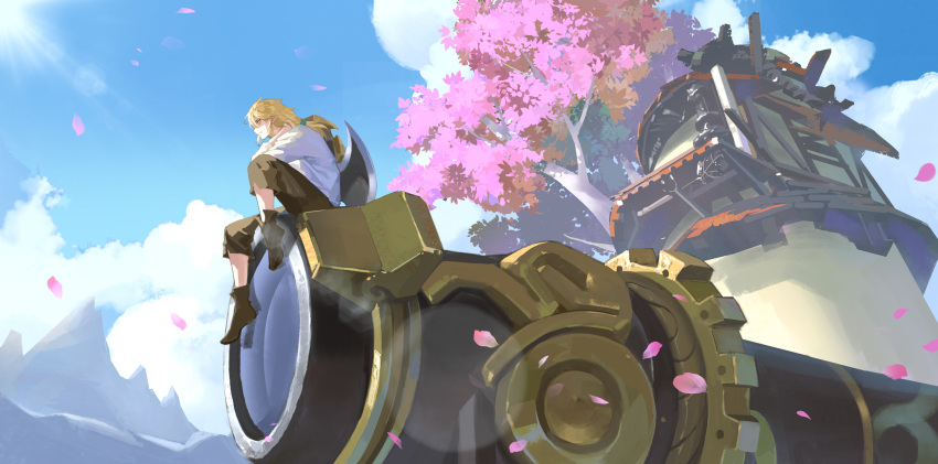 1boy absurdres blue_sky cherry_blossoms cloud highres light_brown_hair link ruoruoqiuu scenery shield_on_back short_ponytail sidelocks sitting sky solo the_legend_of_zelda the_legend_of_zelda:_breath_of_the_wild tree wide_shot