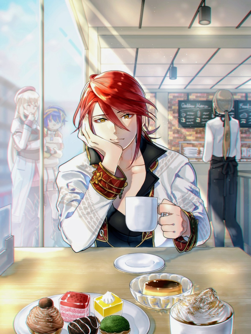 2boys 2girls aaron_wei agnes_claudel baked_alaska blue_eyes chair closed_eyes coat cropped_jacket cup cupcake dog_tags eating eiyuu_densetsu feri_al-fayed food green_eyes hair_between_eyes hat headband highres holding holding_cup holding_spoon ice_cream indoors kuro_no_kiseki long_hair long_sleeves looking_at_viewer menu_board mikamikiseki multicolored_hair multiple_boys multiple_girls on_chair plate ponytail pudding red_hair shoes short_hair sidelocks sitting smile spoon sundae swept_bangs teacup two-tone_hair upper_body waiter yellow_eyes