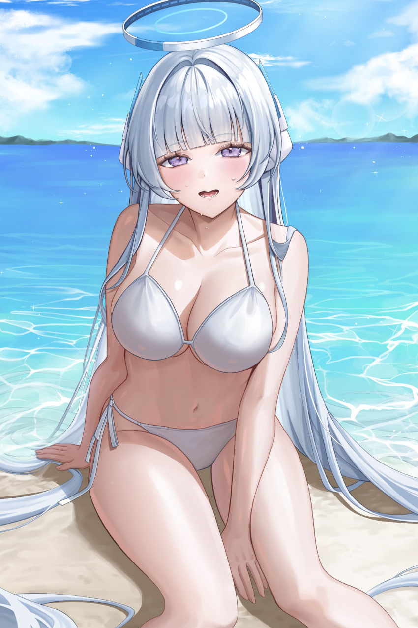 1girl absurdres alternate_costume arm_support beach blue_archive blue_sky blunt_bangs blush breasts cleavage cloud cloudy_sky collarbone commentary day feet_out_of_frame grey_hair grey_halo hair_intakes halo headphones highres kangse415 long_hair looking_at_viewer mechanical_halo medium_breasts navel noa_(blue_archive) ocean open_mouth outdoors purple_eyes sitting sky solo stomach sweatdrop very_long_hair
