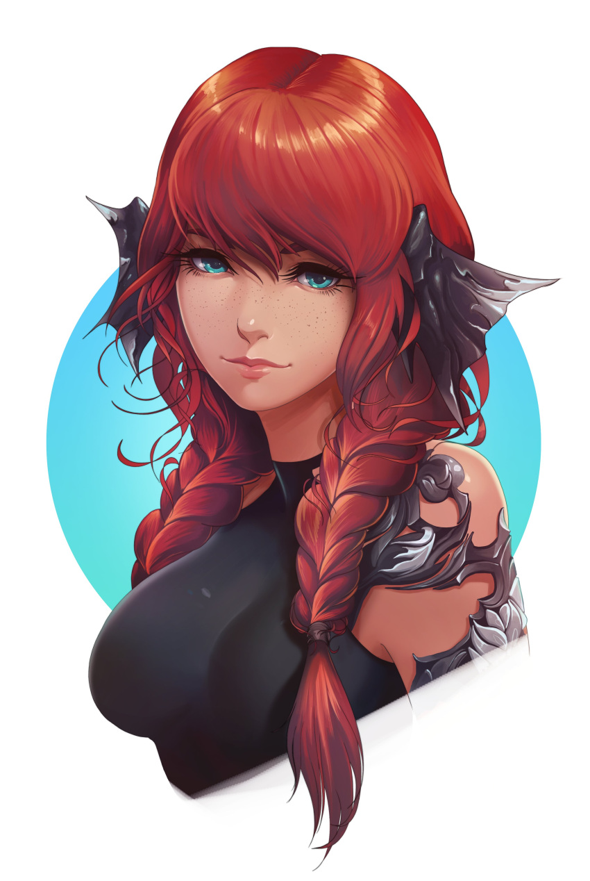 1girl absurdres au_ra avatar_(ff14) blue_eyes breasts commission cropped_torso final_fantasy final_fantasy_xiv highres long_hair looking_at_viewer medium_breasts red_hair solo twintails upper_body vvernacatola