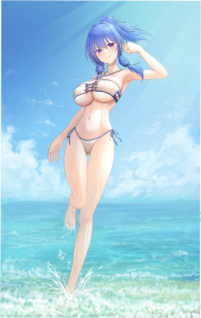 1girl absurdres alternate_costume azur_lane bikini blue_hair breasts cloud cloudy_sky day full_body highres large_breasts lom_(lom_lom_8) looking_at_viewer ponytail purple_eyes side-tie_bikini_bottom sky splashing st._louis_(azur_lane) swimsuit water wet white_bikini