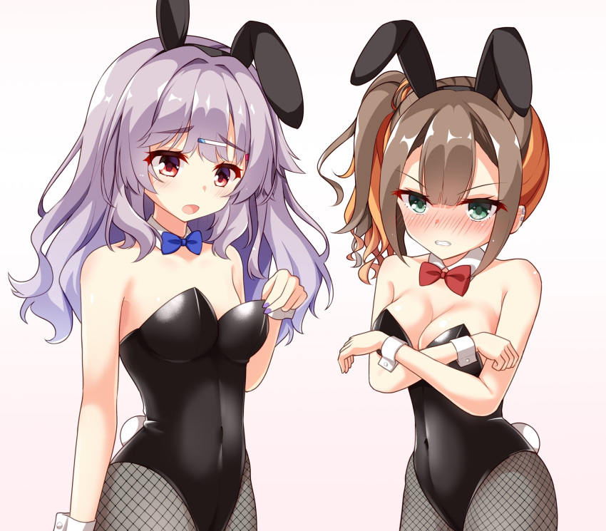 2girls alternate_costume animal_ears bare_shoulders black_leotard blue_bow blue_bowtie blunt_bangs blush bow bowtie breast_conscious breasts brown_hair clenched_teeth collar commentary_request covered_navel covering covering_breasts cowboy_shot crossed_arms curvy detached_collar ear_piercing embarrassed eyelashes fake_animal_ears fake_tail fishnet_pantyhose fishnets furrowed_brow green_eyes grey_hair hair_between_eyes hair_ornament hairclip highres kinoshita_kaede large_breasts leotard long_hair looking_at_breasts looking_at_viewer multicolored_hair multiple_girls nail_polish nose_blush open_mouth orange_hair pantyhose piercing playboy_bunny purple_nails rabbit_ears rabbit_tail red_bow red_bowtie red_eyes sesen2000 shiraishi_chika side_ponytail simple_background small_breasts standing straight-on streaked_hair tail teeth tenshi_souzou v-shaped_eyebrows wavy_hair white_background white_collar white_wrist_cuffs