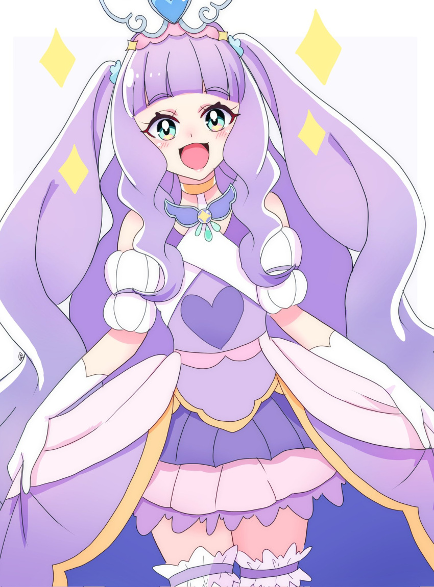 1girl :d blue_eyes brooch clothing_cutout cowboy_shot cure_majesty dress elbow_gloves ellee-chan gloves half-dress highres hirogaru_sky!_precure jewelry layered_skirt long_hair looking_at_viewer magical_girl miniskirt momotarouooi open_mouth pleated_skirt precure purple_dress purple_hair shoulder_cutout skirt skirt_hold smile solo standing thighhighs two_side_up very_long_hair white_gloves white_thighhighs wing_brooch wing_hair_ornament