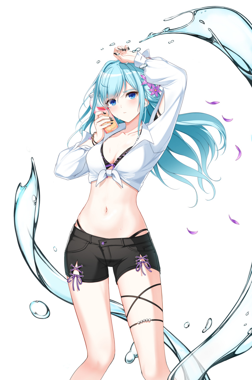 1girl aqua_hair arm_up bikini black_bikini black_shorts blue_eyes bottle breasts cleavage closed_mouth closers collarbone collared_shirt crop_top feet_out_of_frame flower frilled_bikini frills front-tie_top frown hair_flower hair_ornament halterneck hand_up highres holding holding_bottle long_hair long_sleeves looking_at_viewer medium_breasts midriff nail_polish navel non-web_source official_art shirt short_shorts shorts solo stomach string_bikini swimsuit thigh_strap thighs violet_(closers) water wet white_shirt