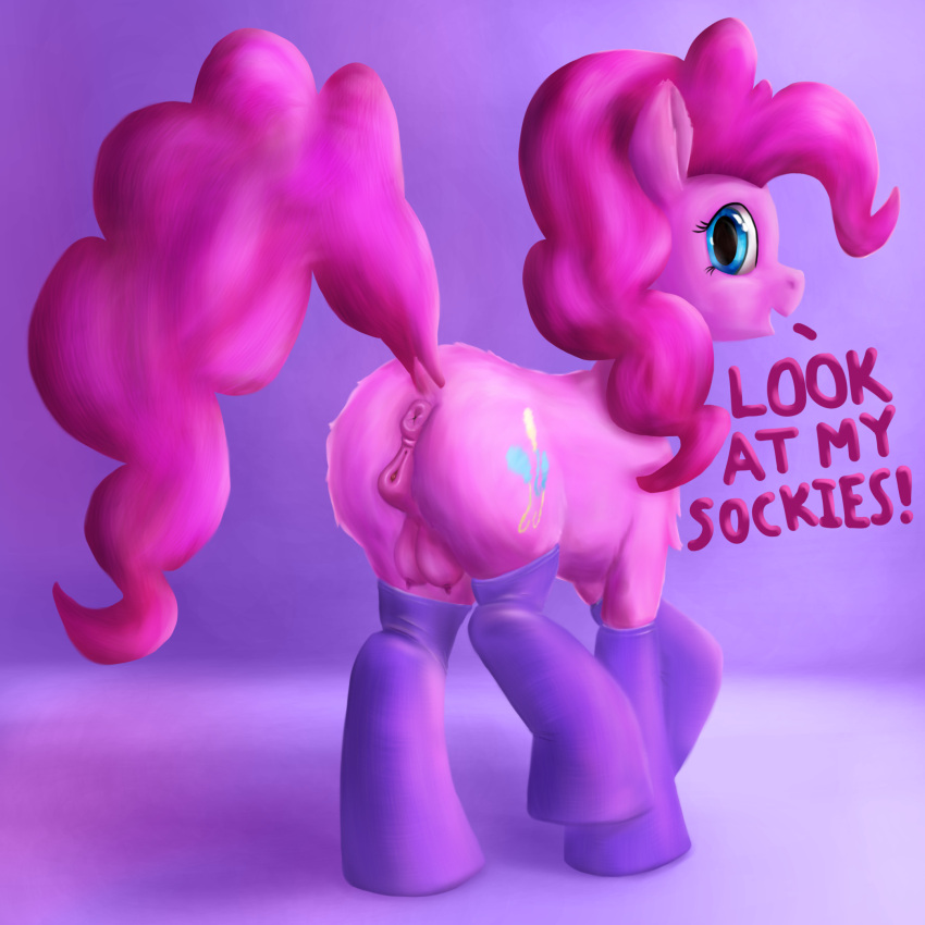 anatomically_correct anatomically_correct_anus anatomically_correct_genitalia anatomically_correct_pussy anus big_teats butt callichrome clothing cutie_mark earth_pony equid equine female feral fluffy footwear friendship_is_magic genitals hasbro hi_res horse legwear looking_at_viewer looking_back mammal my_little_pony nipples pinkie_pie_(mlp) pony presenting presenting_hindquarters presenting_pussy puffy_anus pussy raised_leg raised_tail simple_background socks solo stockings tail teats text thigh_highs