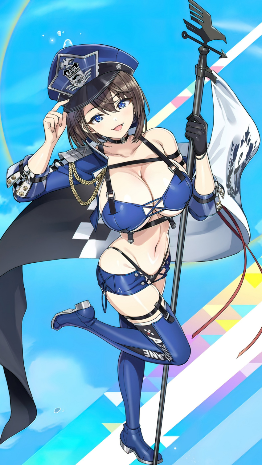 1girl absurdres azur_lane baltimore_(azur_lane) baltimore_(azur_lane)_(cosplay) baltimore_(finish_line_flagbearer)_(azur_lane) black_gloves blue_eyes blue_headwear boots braid breasts brown_hair cleavage cosplay dolphin_wave eagle_union_(emblem) flag from_above full_body gloves hair_between_eyes hat highres holding holding_flag kirahoshi_kanna large_breasts looking_at_viewer navel official_alternate_costume peaked_cap rangertycho2077 short_hair side_braid single_glove solo standing standing_on_one_leg stomach thigh_boots