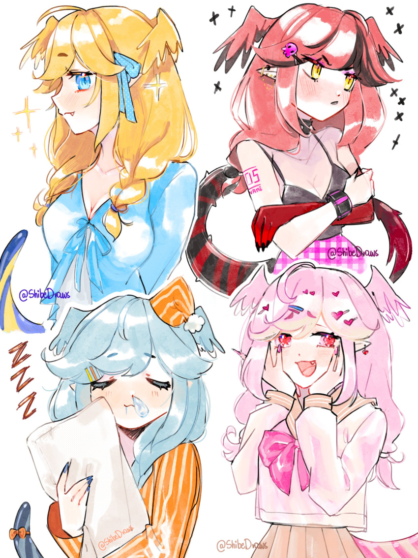 1girl absurdres ahoge arm_tattoo blonde_hair blue_eyes blue_hair blush bow braid breasts cleavage closed_eyes collar commentary dragon_girl dragon_tail english_commentary fang head_wings highres long_sleeves medium_breasts nijisanji nijisanji_en open_mouth pajamas pillow pink_hair pointy_ears red_eyes red_hair school_uniform selen_tatsuki shibedraws simple_background skirt spiked_collar spikes striped striped_pajamas tail tail_bow tail_ornament tattoo tongue twin_braids twitter_username virtual_youtuber white_background wings yellow_eyes