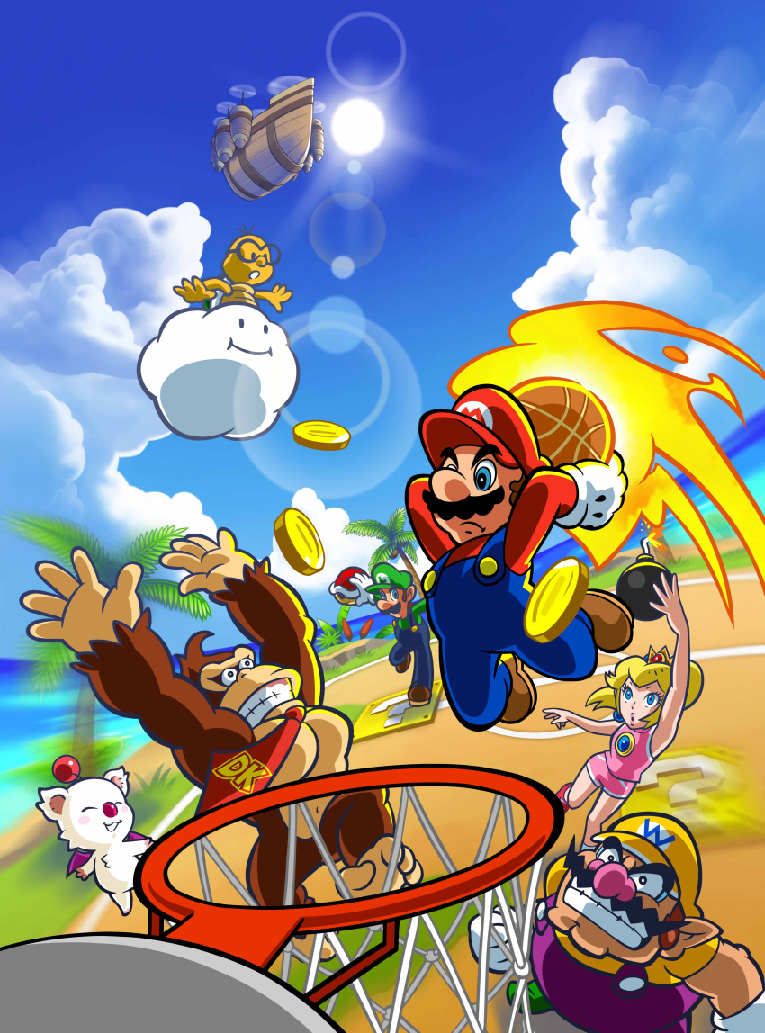 1girl 1other 5boys absurdres aircraft airship arms_up basket basketball_hoop blonde_hair blue_eyes blue_overalls blue_sky bomb cloud crown donkey_kong explosive facial_hair gloves green_headwear green_shirt highres holding holding_basket holding_bomb holding_shell jumping lakitu lens_flare luigi mario mario_(series) mario_basketball_3on3 moogle multiple_boys mustache necktie official_art outdoors overalls pink_shirt pink_shorts pointy_ears ponytail princess_peach purple_overalls red_headwear red_necktie red_shell_(mario) red_shirt shell shirt short_sleeves shorts sky sleeveless wario white_gloves yellow_shirt