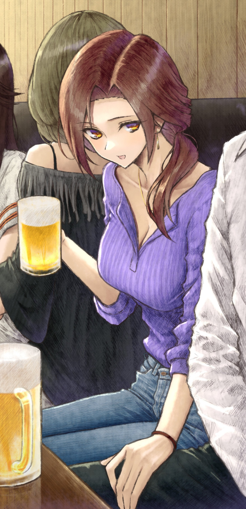 1boy 3girls :d absurdres aramachi bare_shoulders beer_mug blue_pants breasts brown_eyes brown_hair cleavage cup denim green_hair hair_over_shoulder highres holding holding_cup idolmaster idolmaster_cinderella_girls jeans kawashima_mizuki large_breasts long_hair looking_at_another mug multiple_girls off_shoulder pants ponytail producer_(idolmaster) purple_sweater ribbed_sweater short_hair smile solo_focus sweater takagaki_kaede