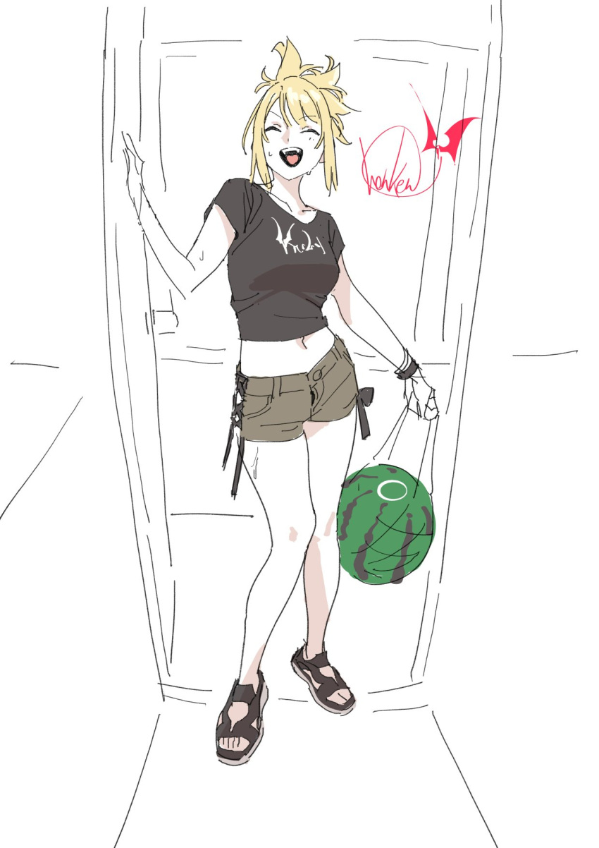 1girl black_shirt blonde_hair closed_eyes door food fruit henken highres open_mouth original sandals shirt shorts sidelocks sienna_(henken) signature solo string sweat sweatdrop t-shirt watermelon