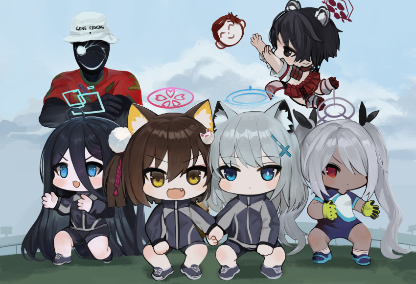 5girls :d ahoge animal_ear_fluff animal_ears aris_(blue_archive) arms_up arona's_sensei_doodle_(blue_archive) biker_clothes bikesuit black_eyes black_hair black_ribbon black_shorts blue_archive blue_eyes blue_footwear blue_sky bodysuit brown_eyes brown_hair character_request chibi closed_mouth cloud cloudy_sky commentary_request day dokomon fang fox_ears fox_girl fox_tail gloves grey_hair grey_jacket gym_shorts hair_between_eyes hair_over_one_eye hair_ribbon halo highres holding_hands iori_(blue_archive) izuna_(blue_archive) jacket korean_commentary multiple_girls outdoors red_eyes red_footwear red_shirt ribbon ringed_eyes sensei_(blue_archive) shiroko_(blue_archive) shirt shoe_soles shoes short_sleeves shorts sky smile soccer socks tail track_jacket tsubaki_(blue_archive) twintails v-shaped_eyebrows white_headwear white_socks yellow_gloves