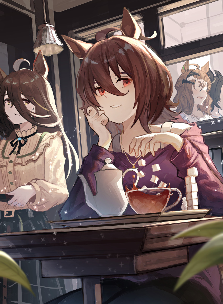 4girls absurdres agnes_tachyon_(umamusume) ahoge alternate_hairstyle animal_ears bare_shoulders black_hair brown_hair casual character_request cup faceless faceless_female highres horse_ears horse_girl jungle_pocket_(umamusume) long_sleeves manhattan_cafe_(umamusume) multiple_girls off-shoulder_shirt off_shoulder pants parted_lips red_eyes shirt siena_(moratoriummaga) sitting sugar_cube table teacup teapot umamusume