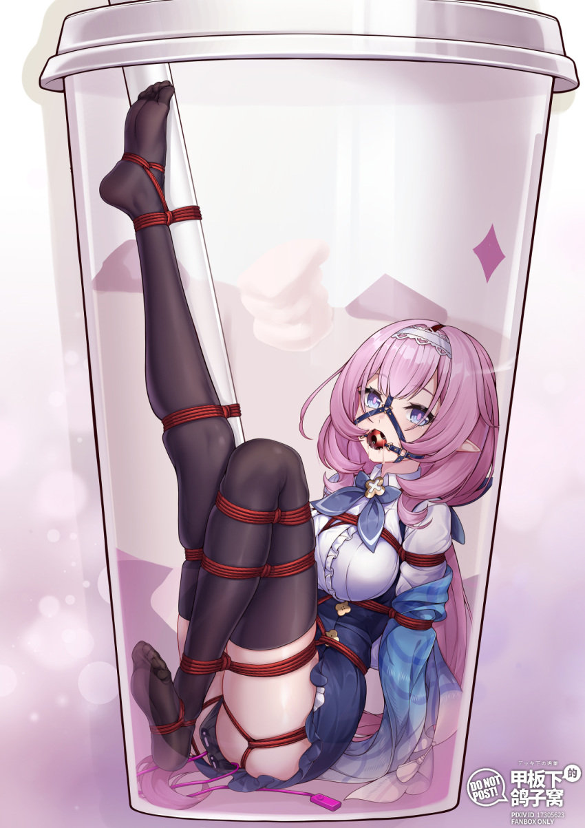 1girl arms_behind_back ball_gag bdsm black_thighhighs blue_eyes blue_jacket blue_skirt bondage bound bound_legs breasts commentary_request cup elysia_(honkai_impact) gag gagged hairband high-waist_skirt highres honkai_(series) honkai_impact_3rd jacket knee_up large_breasts leg_up long_hair no_shoes pink_hair pointy_ears rope shirt skirt solo thighhighs thighs very_long_hair white_hairband white_shirt yiduan_zhu