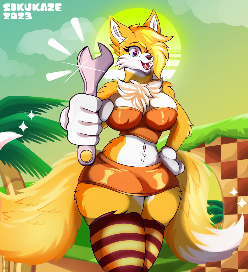 2023 2_tails 3:4 absurd_res anthro big_breasts blue_eyes bottomwear bra breasts canid canine cheek_tuft chest_tuft clothing crossgender curvy_figure cute_fangs detailed digital_drawing_(artwork) digital_media_(artwork) facial_tuft female fluffy fluffy_tail fox fur gloves grass green_hill_zone hair handwear hi_res inner_ear_fluff legwear light looking_at_viewer mammal markings miles_prower multi_tail multicolored_eyes one_eye_closed open_mouth palm_tree pink_eyes plant sega shaded signature sikukaze skirt smile smiling_at_viewer solo sonic_the_hedgehog_(series) stockings sun sunlight sunset tail tail_markings thick_thighs tools tree tuft underwear voluptuous white_body white_fur wide_hips wink wrench yellow_body yellow_fur