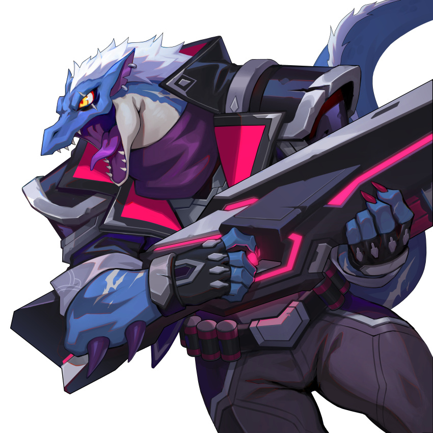 1boy absurdres artist_request blue_skin colored_skin drek'kar_(omega_strikers) gun highres holding holding_gun holding_weapon jacket lizardman no_humans non-web_source official_art omega_strikers open_mouth pants scarf solo spiked_arm weapon white_hair yellow_eyes