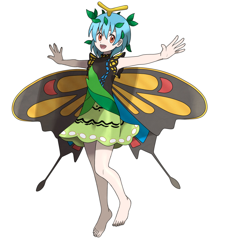 1girl absurdres antennae aqua_hair asatsuki_(fgfff) barefoot beautifly butterfly_wings commentary_request dress eternity_larva fairy full_body green_dress hair_between_eyes happy highres leaf leaf_on_head looking_at_viewer multicolored_clothes multicolored_dress open_mouth orange_eyes outstretched_arms parody pokemon short_hair short_sleeves smile solo spread_arms style_parody sugimori_ken_(style) teeth touhou transparent_background upper_teeth_only wings