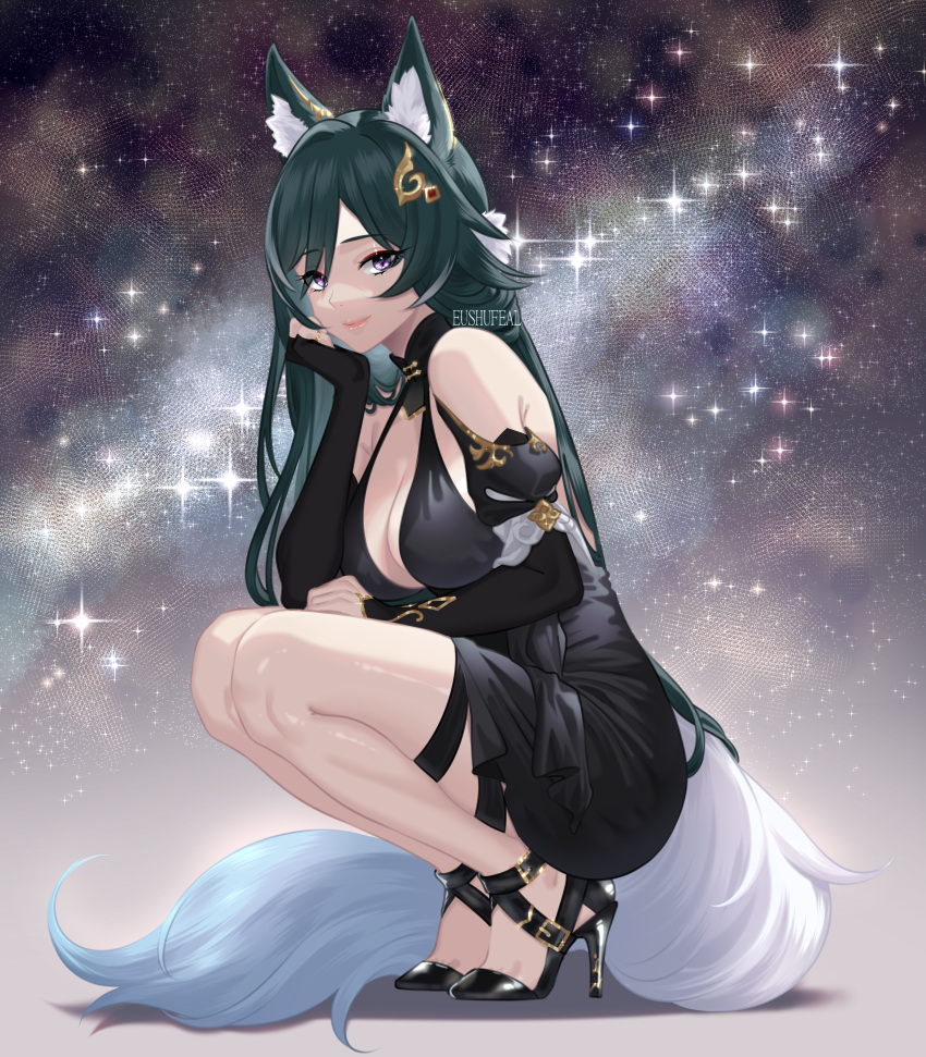 1girl absurdres black_dress blak breasts cosmos dress eushufeal gold high_heels highres honkai:_star_rail honkai_(series) jewelry kitsune non-web_source pantyhose shine yukong_(honkai:_star_rail)