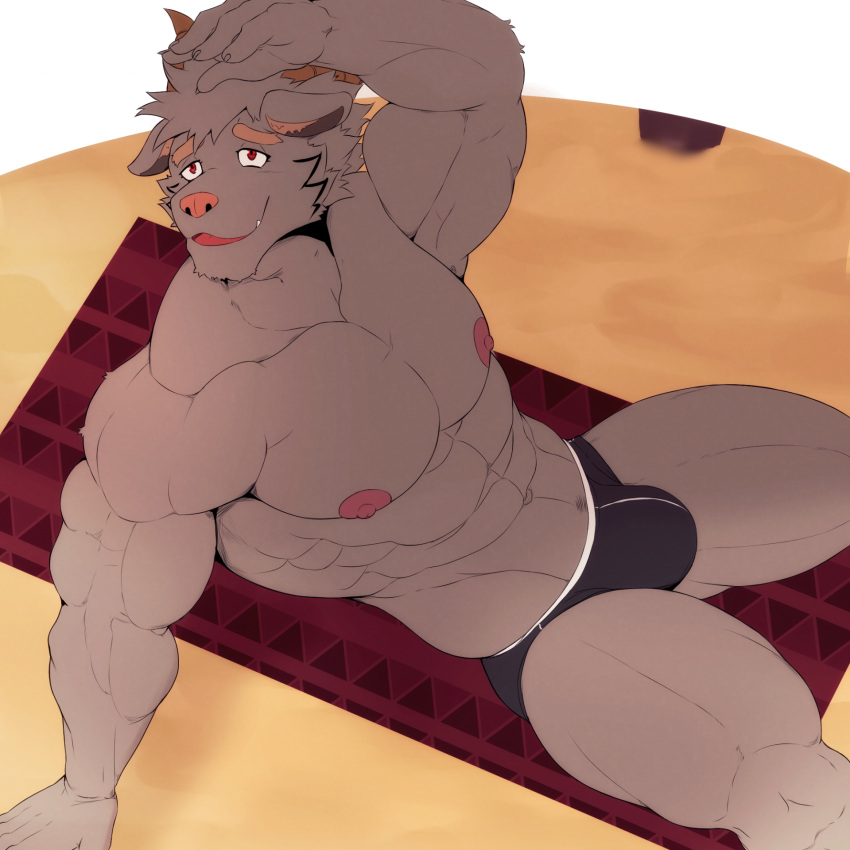 1:1 abs anthro beach black_body black_fur bovid bulge caprine clothing fur goat hi_res horn insaneeighteen lifewonders male mammal mephistopheles_(tas) muscular muscular_anthro muscular_male nipples pecs raised_arm red_eyes seaside solo speedo story story_in_description swimwear tokyo_afterschool_summoners