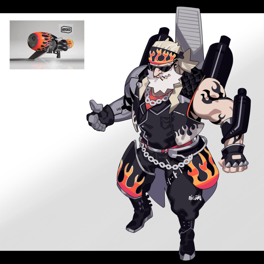 1boy arm_tattoo beads beard black_footwear black_gloves blonde_hair boots closed_mouth facial_hair fingerless_gloves flame_print flame_tattoo full_body gloves headband highres male_focus pants personification prosthesis prosthetic_arm range_blaster_(splatoon) reference_inset shirt sido_(slipknot) simple_background single_glove solo splatoon_(series) sunglasses tattoo vest