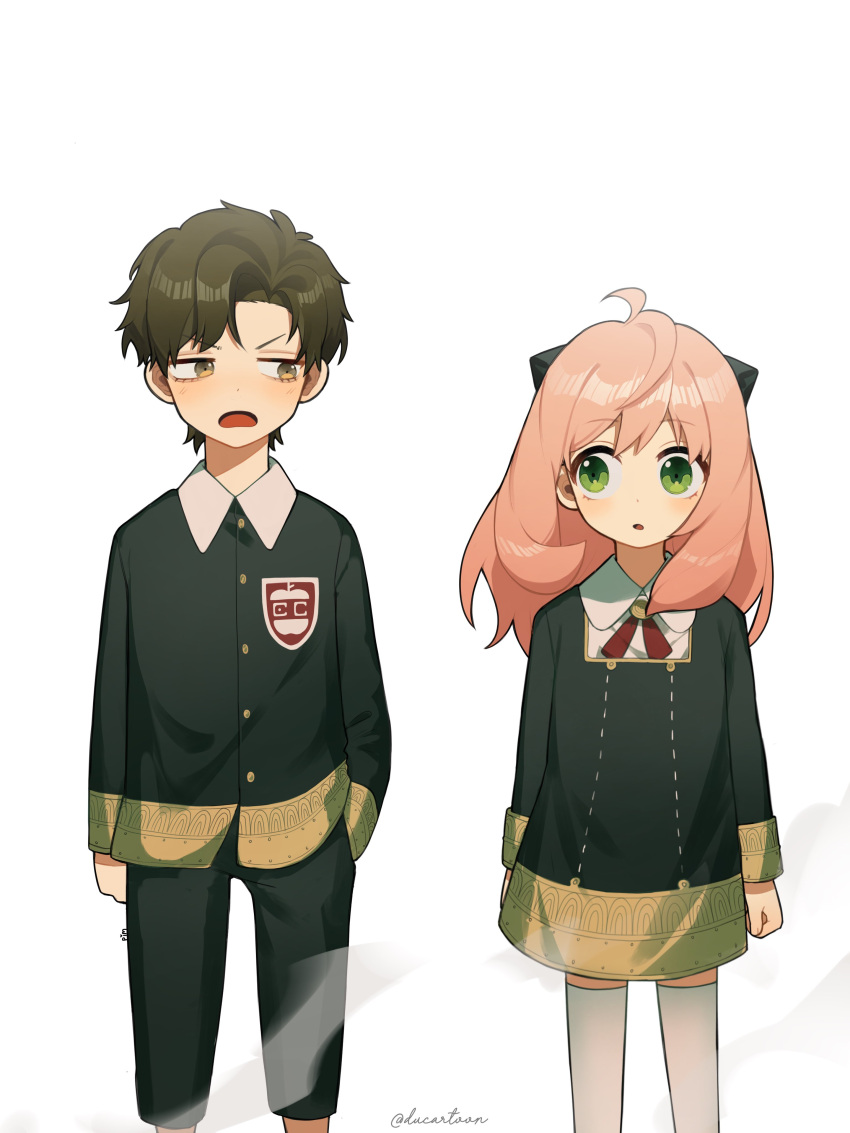 1boy 1girl :o absurdres aged_up ahoge anya_(spy_x_family) arms_at_sides black_pants brown_hair brown_necktie child collared_shirt damian_desmond dress ducartoon eden_academy_school_uniform feet_out_of_frame green_eyes hairpods hand_in_pocket highres long_hair long_sleeves looking_at_viewer necktie open_mouth pants pink_hair school_uniform shirt short_hair simple_background spy_x_family thighhighs white_background white_thighhighs