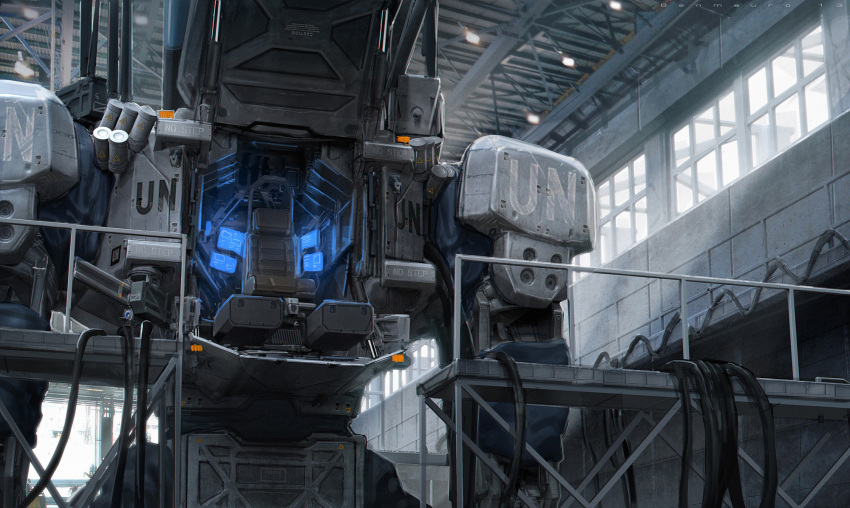 armor artist_name av-98_ingram ben_mauro chair english_text heads-up_display highres kidou_keisatsu_patlabor mecha mecha_focus monitor no_humans open_hatch robot science_fiction shoulder_armor triangle united_nations wire