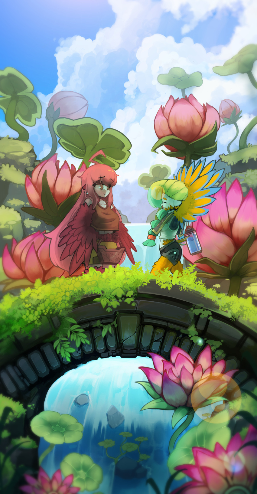 2girls absurdres ahoge animal_ears basket bird_ears bird_legs blonde_hair blue_feathers blush bottle braid breasts bridge brown_tank_top cloud cloudy_sky coco_(eogks) feathers flower green_hair grey_poncho harpy highres holding holding_basket landscape large_breasts lily_pad long_hair mako_(eogks) midriff monster_girl multicolored_hair multiple_girls nn_(eogks) open_mouth orange_feathers original oversized_plant red_feathers red_flower red_hair red_tulip red_wings shorts sky stretching tank_top tulip two-tone_hair two-tone_wings very_long_hair water water_bottle waterfall winged_arms wings