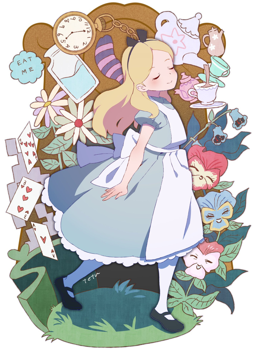 1girl ace_(playing_card) ace_of_hearts alice_(alice_in_wonderland) alice_in_wonderland apron arms_at_sides black_footwear black_hairband blonde_hair blue_dress blue_flower card cheshire_cat_(alice_in_wonderland) closed_eyes closed_mouth dress eyelashes flower frilled_dress frills hairband heart highres nine_of_hearts pantyhose playing_card pocket_watch solo teapot tears tetsu_(teppei) three_of_hearts vial walking watch white_apron white_background white_flower white_pantyhose