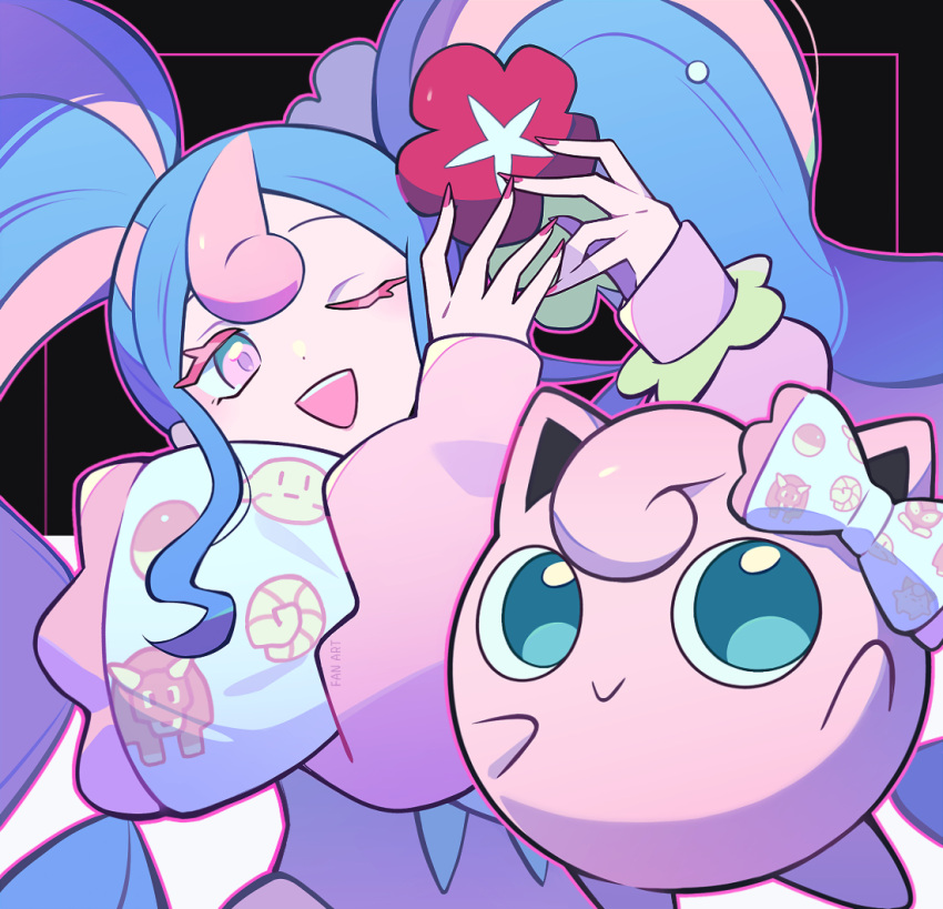 1girl :d blue_hair bow commentary_request eyelashes fairy_miku_(project_voltage) flower hair_flower hair_ornament hatsune_miku jigglypuff long_hair long_sleeves multicolored_hair nail_polish one_eye_closed open_mouth pink_hair pink_nails pink_sweater pokemon pokemon_(creature) project_voltage sasa_kado_(redbluemoon74) scrunchie smile sweater teeth twintails two-tone_hair upper_teeth_only vocaloid wrist_scrunchie