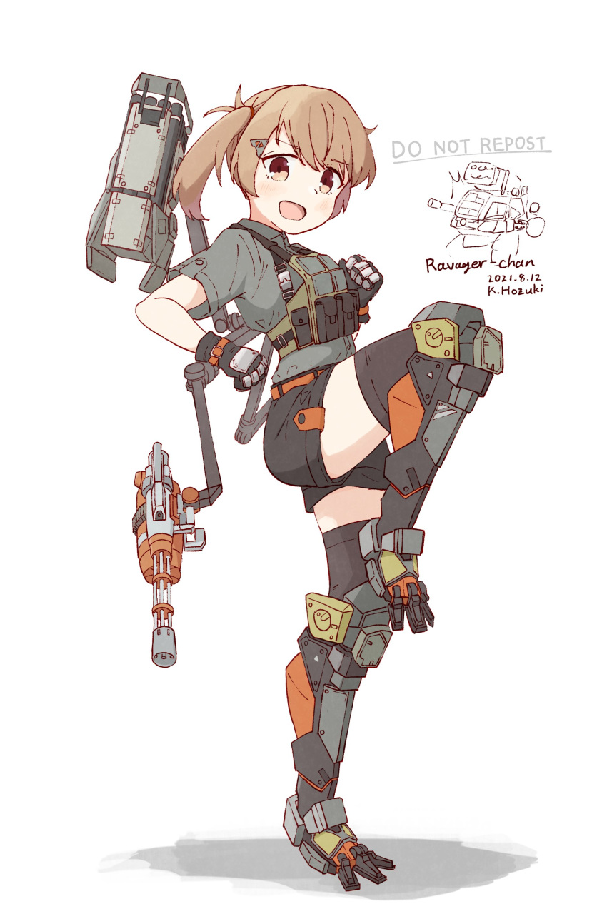 1girl :d absurdres battle_of_titans belt black_shorts blonde_hair brown_eyes clawed_boots exoskeleton gatling_gun gloves hair_ornament hairclip highres hozukikasumi light_brown_hair mecha_musume mechanical_legs mechanical_parts minigun multishot_rocket_launcher personification plate_carrier ravager_(battle_of_titans) rocket_launcher shorts side_ponytail smile standing standing_on_one_leg strap thighhighs weapon white_background