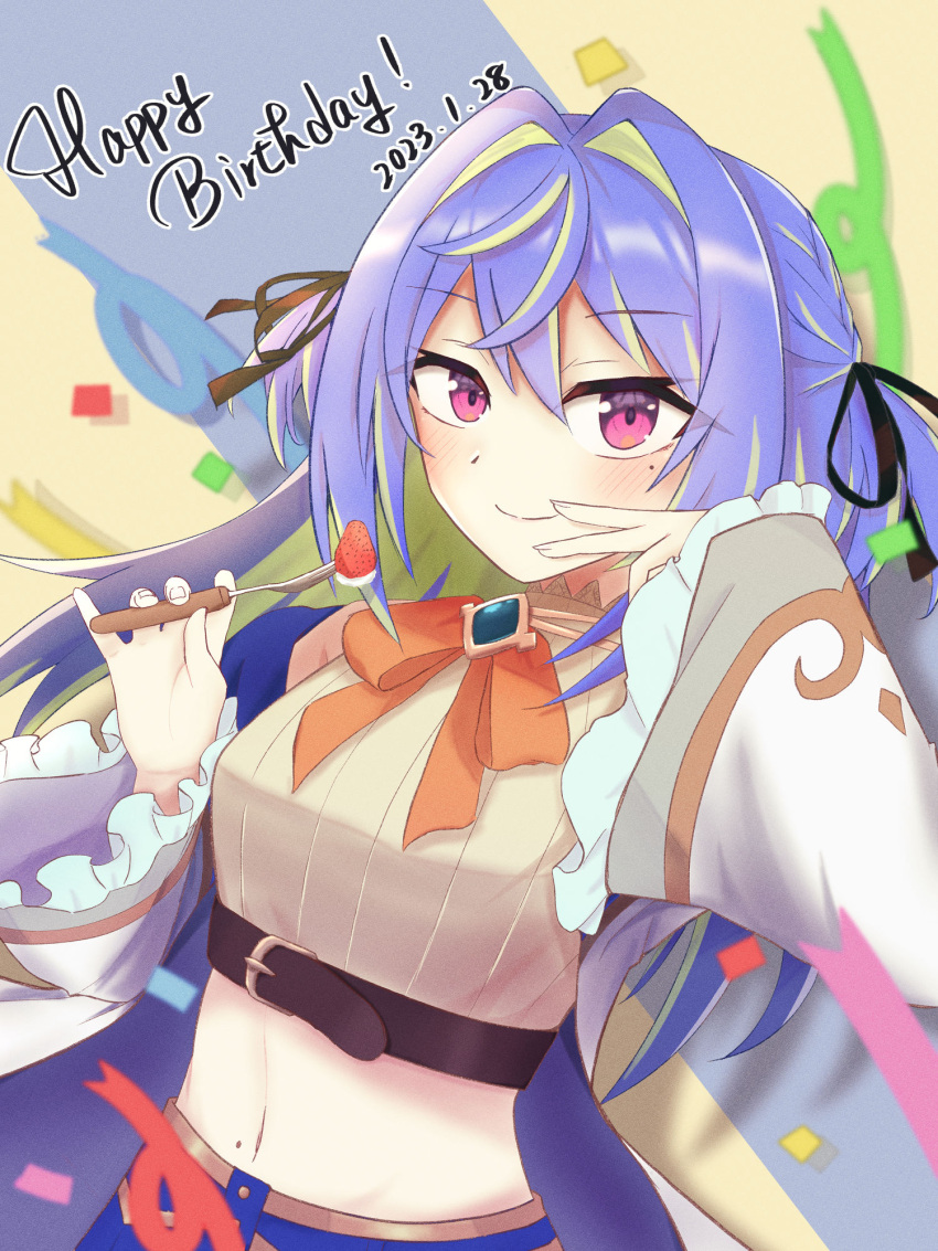 1girl belt black_ribbon blue_brooch blue_hair blue_skirt blush bow bowtie breasts brown_belt brown_shirt chest_belt closed_mouth coat commentary_request crop_top dated food fork frilled_sleeves frills fruit green_hair hair_between_eyes hair_intakes hair_ribbon happy_birthday highres hiyoku_no_crosspiece holding holding_fork long_hair long_sleeves looking_at_viewer medium_bangs medium_breasts midriff mole mole_on_stomach mole_under_eye multicolored_hair nanashi_inc. navel open_clothes open_coat orange_bow orange_bowtie pink_eyes ribbon salmon231 shirt skirt sleeveless sleeveless_shirt smile solo strawberry striped striped_shirt suzumi_nemo suzumi_nemo_(1st_costume) two-tone_hair two_side_up upper_body vertical-striped_shirt vertical_stripes virtual_youtuber white_coat wide_sleeves