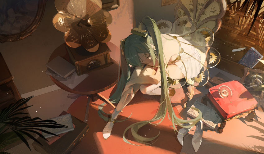 1girl absurdres book boots closed_eyes dress feathers gramophone_miku green_hair hair_ornament hatsune_miku highres miku_symphony_(vocaloid) phonograph picture_frame plant see-through see-through_dress single_thigh_boot solo table thigh_boots twintails vocaloid w-t