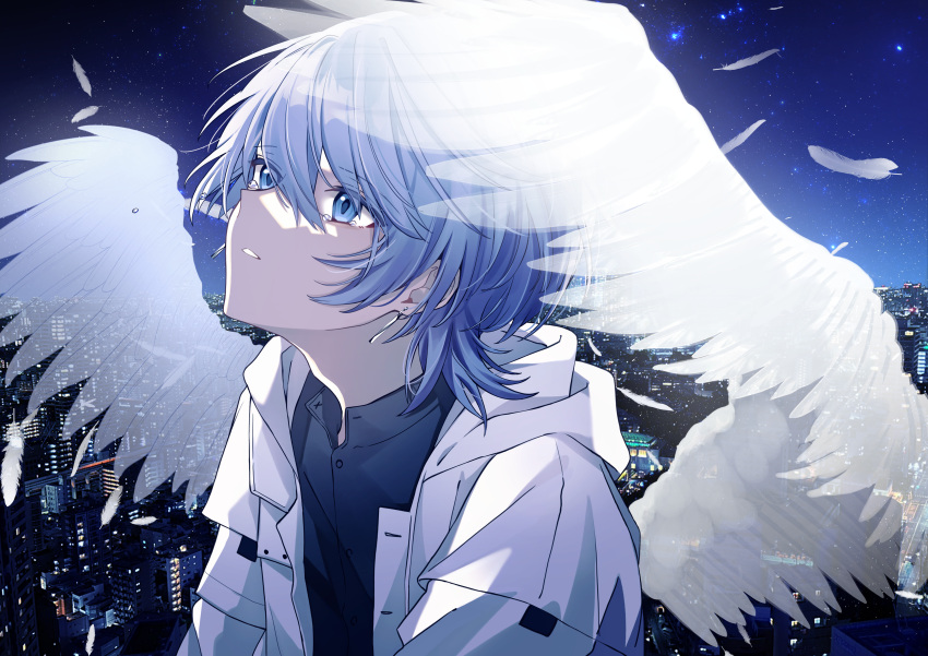 1boy absurdres angel_wings black_shirt blue_eyes blue_hair cityscape commentary_request daifuku_mame_(kageroudt33) feathered_wings feathers highres hood hooded_jacket jacket light_blue_hair looking_up male_focus night night_sky open_clothes open_jacket original outdoors parted_lips shirt short_hair sky solo tearing_up upper_body white_jacket white_wings wings