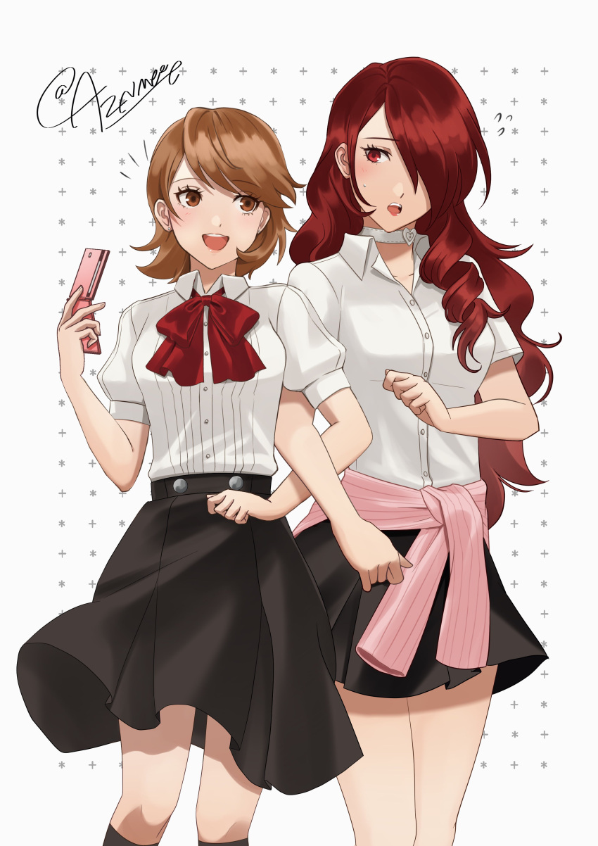 2girls absurdres aznmeee black_skirt black_socks blush bow bowtie breasts brown_eyes brown_hair cardigan cellphone choker clothes_around_waist cosplay costume_switch earrings eyelashes feet_out_of_frame flip_phone grey_background hair_over_one_eye hand_up highres holding jewelry kirijou_mitsuru kneehighs locked_arms long_hair looking_at_another medium_breasts miniskirt multiple_girls open_mouth parted_bangs patterned_background persona persona_3 phone pink_cardigan puffy_short_sleeves puffy_sleeves red_bow red_bowtie red_eyes red_hair school_uniform shirt short_sleeves signature skirt socks standing stud_earrings swept_bangs takeba_yukari teeth thighs upper_teeth_only white_choker white_shirt
