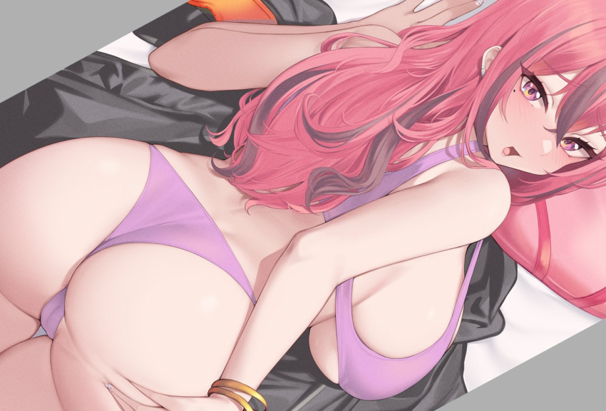 1girl ass ass_grab azur_lane backboob bangle bare_shoulders blush bracelet breasts bremerton_(azur_lane) bremerton_(relaxation_consultation)_(azur_lane) fingernails from_behind grabbing_own_ass hair_down huge_breasts jewelry kuavera long_hair looking_at_viewer mole mole_under_eye multicolored_hair nail_art nail_polish open_mouth panties pink_eyes pink_panties pink_tank_top red_hair smile solo tank_top thighs two-tone_hair underboob underwear white_nails