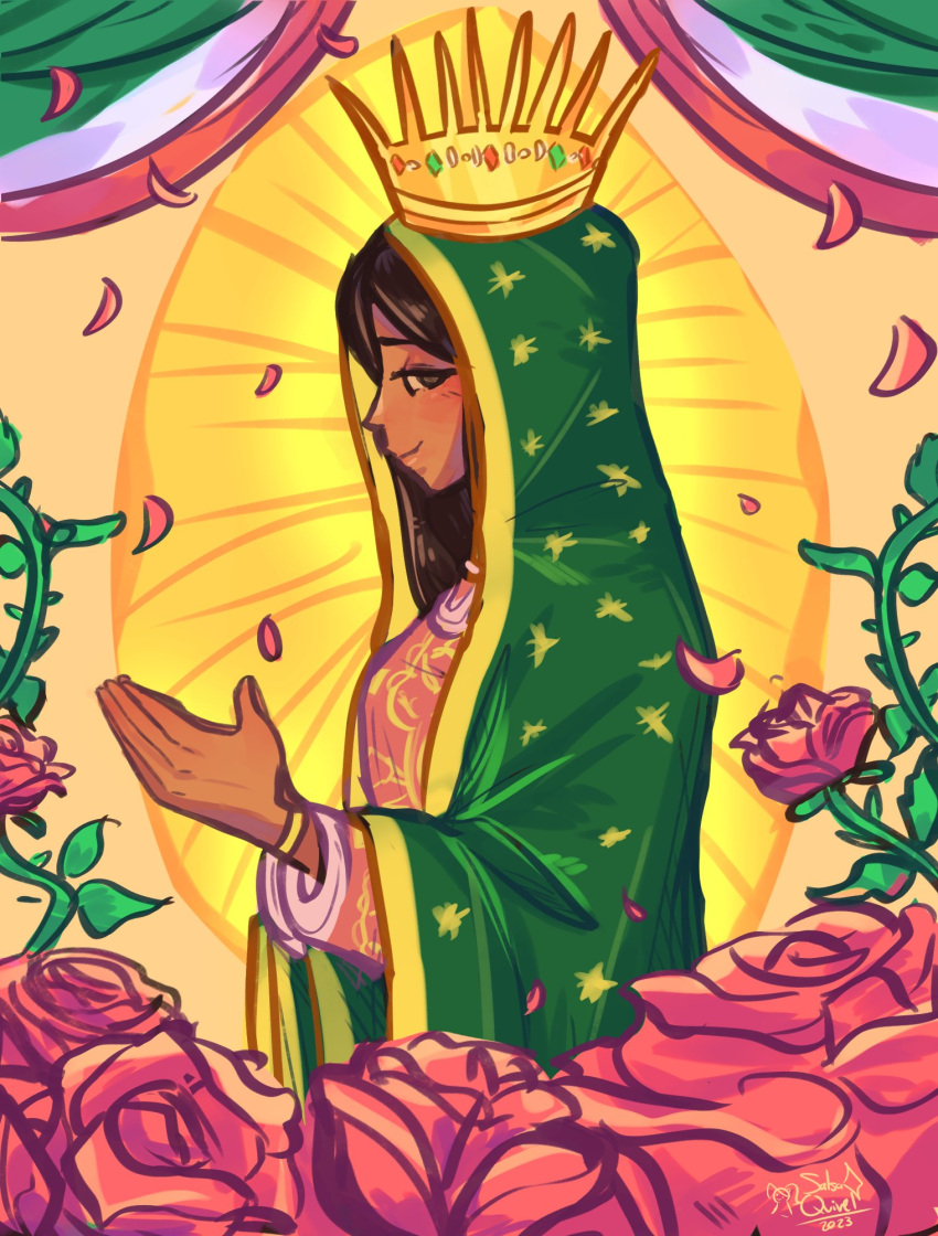 1girl brown_eyes brown_hair cape christian_mythology christianity crown dark_skin dress flower from_side glowing green_cape highres looking_at_viewer mexican_flag pink_dress rose salas0627 smile solo virgin_mary virgin_of_guadalupe