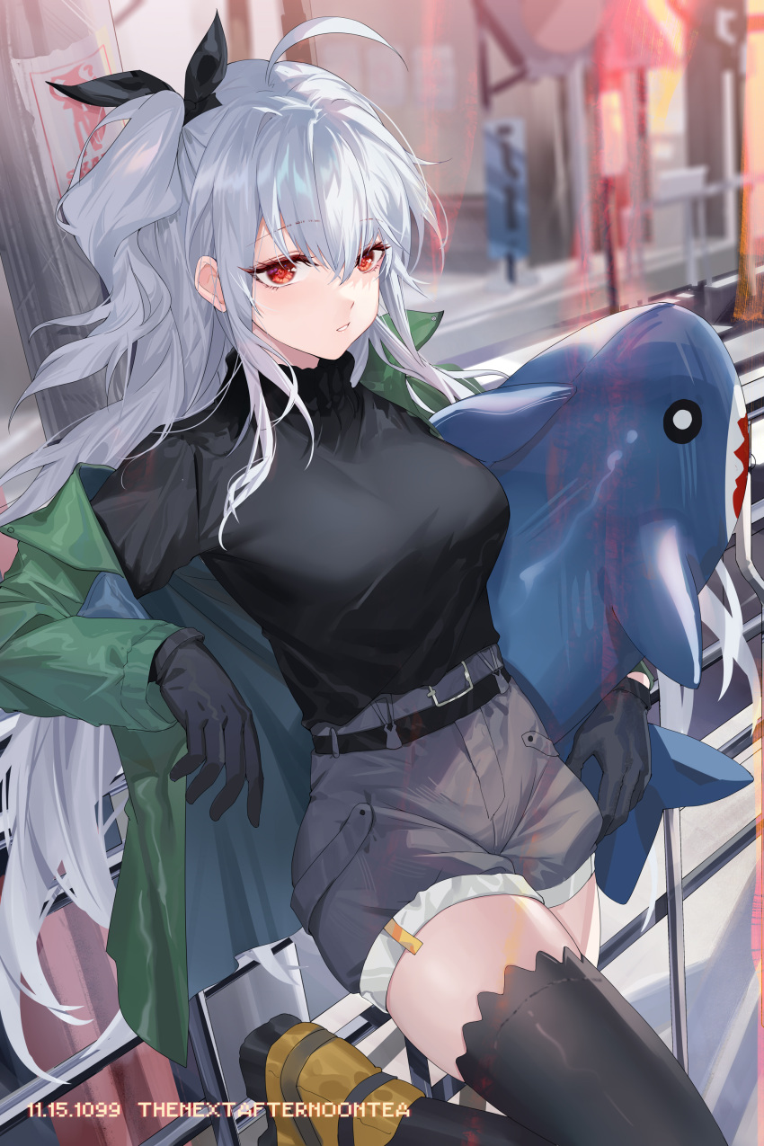 1girl absurdres ahoge arknights black_ribbon black_sweater black_thighhighs breasts commentary_request green_jacket grey_hair grey_shorts hair_ribbon highres hongbaise_raw jacket long_hair looking_at_viewer medium_breasts official_alternate_costume one_side_up outdoors red_eyes ribbon short_shorts shorts skadi_(arknights) skadi_(the_next_afternoon_tea)_(arknights) solo stuffed_orca sweater thighhighs thighs turtleneck turtleneck_sweater very_long_hair