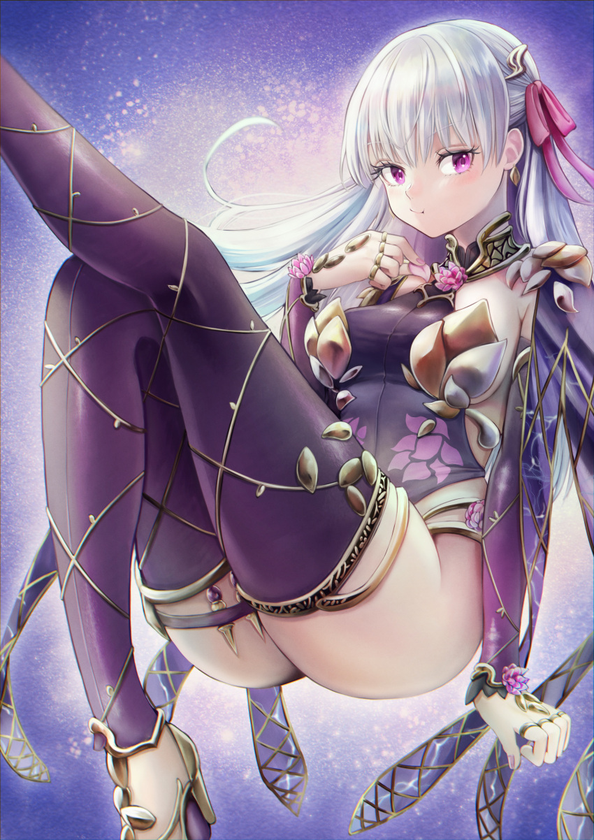 1girl absurdres armlet armor bikini_armor blush breasts circlet collar detached_sleeves dress earrings essan0905 fate/grand_order fate_(series) flower hair_ribbon highres jewelry kama_(fate) kama_(second_ascension)_(fate) large_breasts long_hair looking_at_viewer lotus lotus_print metal_collar pelvic_curtain pink_ribbon purple_dress purple_sleeves purple_thighhighs red_eyes ribbon ring solo thighhighs thighlet thighs white_hair