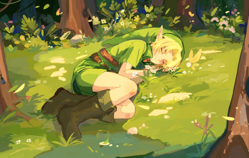 1boy artist_name belt blonde_hair boots brown_belt brown_footwear closed_eyes closed_mouth collared_shirt commentary_request day fairy flower forest full_body grass green_headwear green_shirt green_shorts green_tunic hat highres lilium_(lancccw) link lying male_focus nature on_grass on_side outdoors parted_bangs plant pointy_ears rock shirt short_hair short_shorts short_sleeves shorts sidelocks sleeping smile solo the_legend_of_zelda the_legend_of_zelda:_ocarina_of_time tree tunic twitter_username white_flower young_link