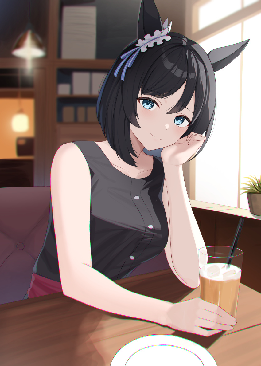 1girl absurdres alternate_costume anima_miko animal_ears bare_shoulders black_shirt blue_eyes blurry blurry_background blush breasts cafe closed_mouth commentary_request cup drinking_glass drinking_straw ear_ornament eishin_flash_(umamusume) hair_between_eyes head_rest highres horse_ears horse_girl indoors medium_breasts plate shirt short_hair sitting sleeveless sleeveless_shirt smile solo table umamusume upper_body