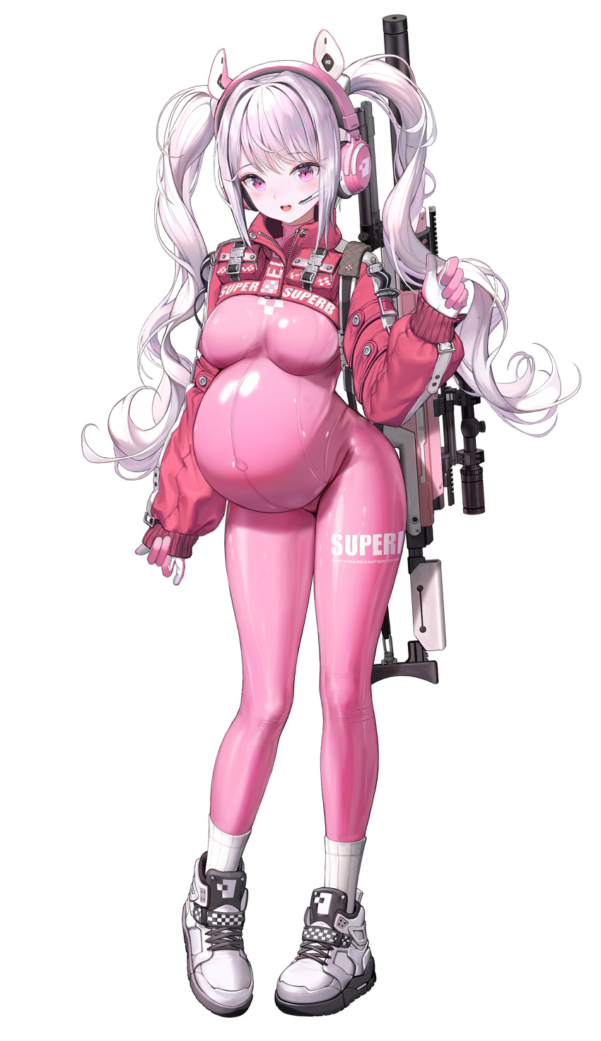 1girl :d absurdres alice_(nikke) animal_ear_headphones animal_ears big_belly blush bodysuit breasts commentary cropped_jacket dduck_kong fake_animal_ears flatculture full_body gloves goddess_of_victory:_nikke grey_hair groin gun gun_on_back headphones headset highres inflation jacket long_hair long_sleeves looking_at_viewer medium_breasts official_art pigeon-toed pink_bodysuit pink_eyes pink_gloves pink_headphones pregnant puffy_long_sleeves puffy_sleeves red_jacket ribbed_legwear rifle scope self-upload shoes simple_background sleeves_past_wrists smile sniper_rifle socks solo tachi-e third-party_edit twintails very_long_hair weapon weapon_on_back white_background white_footwear white_socks