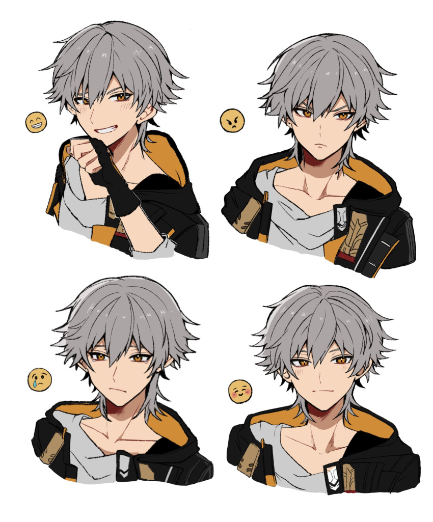 123_yasuyasu 1boy angry black_gloves black_jacket caelus_(honkai:_star_rail) closed_mouth collarbone fingerless_gloves gloves grey_hair grey_shirt hair_between_eyes hand_up happy highres honkai:_star_rail honkai_(series) hood hooded_jacket jacket long_sleeves looking_at_viewer looking_to_the_side male_focus open_clothes open_jacket orange_eyes orange_jacket sad shirt short_hair simple_background smile solo t-shirt tearing_up teeth trailblazer_(honkai:_star_rail) two-sided_fabric two-sided_jacket upper_body v-shaped_eyebrows white_background